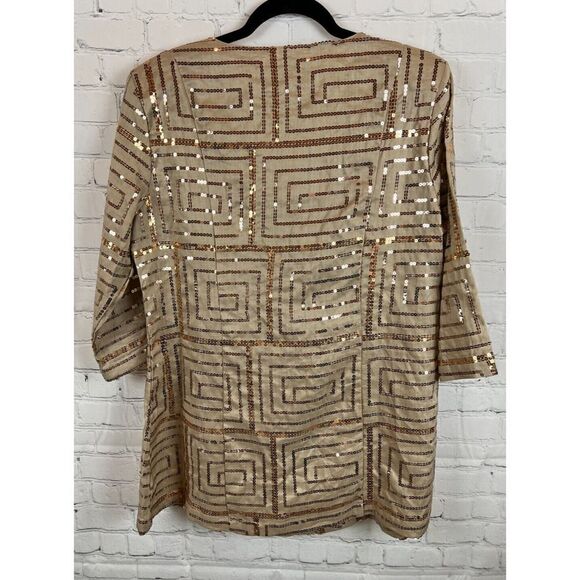 NIGHT STUDIO LINEN beige linen sequins 3/4 sleeve blazer jacket blouse tunic 8 - Picture 7 of 13
